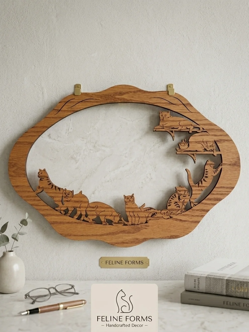 Wooden Cat Wall Art - Natural Wood